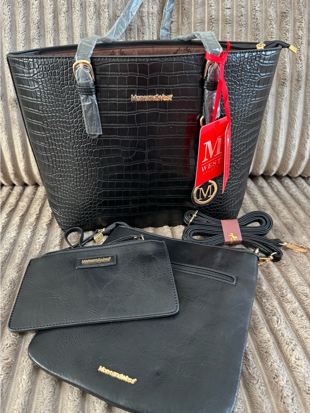 Montana West Black Crocodile Embossed Tote Crossbody pouch Bag Set